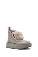 Women's Grey Thick-Soled Fur-Lined Leather Boots | Derimod Women's Grey Thick-Soled Fur-Lined Leather Boots | Derimod