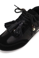 Kadın Siyah Bağcıklı Charmlı Leopar Deri Sneaker | Derimod Kadın Siyah Bağcıklı Charmlı Leopar Deri Sneaker | Derimod