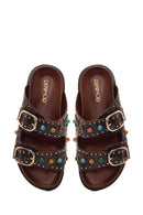 Women's Brown Studded Leather Slippers | Derimod Women's Brown Studded Leather Slippers | Derimod