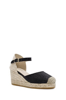 Kadın Siyah Bilekten Bantlı Dolgu Topuklu Deri Espadril | Derimod Kadın Siyah Bilekten Bantlı Dolgu Topuklu Deri Espadril | Derimod