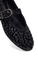 Woman Black Leopard Pattern Buckled Suede Leather Babet | Derimod Woman Black Leopard Pattern Buckled Suede Leather Babet | Derimod