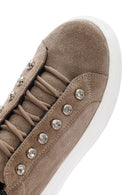 Women's Grey Lace-Up Stone Detailed Suede Leather Sneakers | Derimod Women's Grey Lace-Up Stone Detailed Suede Leather Sneakers | Derimod