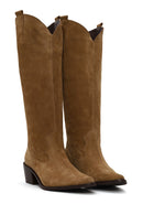 Woman Tan Chunky Heeled Suede Cowboy Boots | Derimod Woman Tan Chunky Heeled Suede Cowboy Boots | Derimod