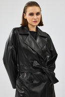 Nicole Women's Black Double Breasted Long Leather Trench Coat | Derimod Nicole Women's Black Double Breasted Long Leather Trench Coat | Derimod