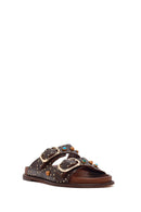 Women's Brown Studded Leather Slippers | Derimod Women's Brown Studded Leather Slippers | Derimod