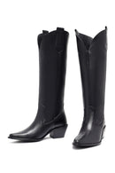 Woman Black Thick-Heeled Leather Cowboy Boots | Derimod Woman Black Thick-Heeled Leather Cowboy Boots | Derimod