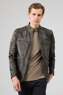 Morant Men's Brown Vintage Slim-Fit Leather Jacket | Derimod Morant Men's Brown Vintage Slim-Fit Leather Jacket | Derimod