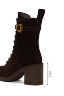 Woman Brown Zip Closure Chunky Heeled Suede Combat Boots | Derimod Woman Brown Zip Closure Chunky Heeled Suede Combat Boots | Derimod