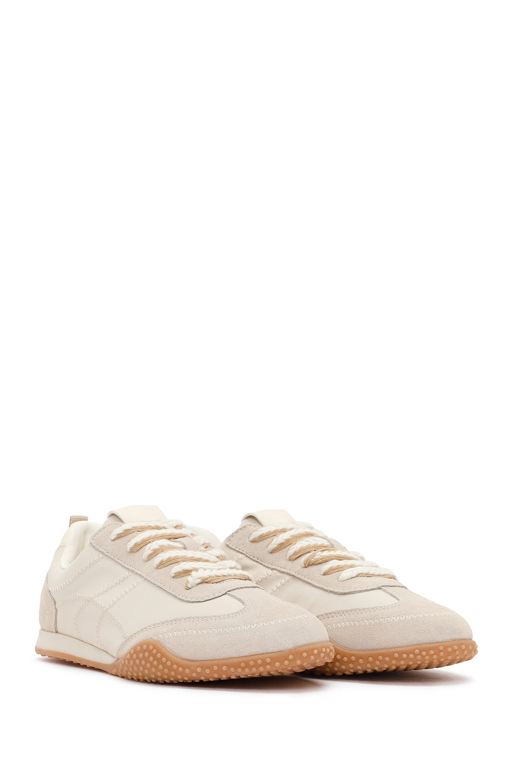 Kadın Krem Bağcıklı Deri Sneaker