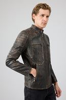 Morant Men's Brown Vintage Slim-Fit Leather Jacket | Derimod Morant Men's Brown Vintage Slim-Fit Leather Jacket | Derimod