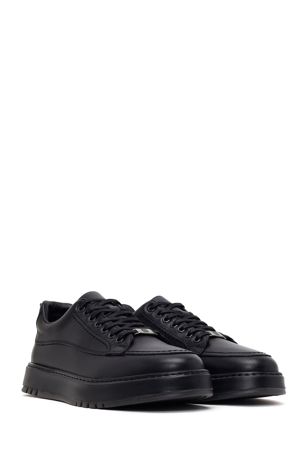 Erkek Siyah Bağcıklı Kalın Tabanlı Deri Sneaker