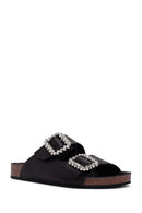 Women's Black Stoned Leather Slippers | Derimod Women's Black Stoned Leather Slippers | Derimod
