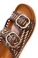 Women's Brown Double Buckled Straw Leather Slippers | Derimod Women's Brown Double Buckled Straw Leather Slippers | Derimod
