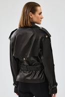 Crystal Women's Black Biker Leather Jacket | Derimod Crystal Women's Black Biker Leather Jacket | Derimod