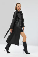 Nicole Women's Black Double Breasted Long Leather Trench Coat | Derimod Nicole Women's Black Double Breasted Long Leather Trench Coat | Derimod