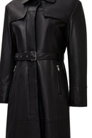 Betina Women's Black Shirt Collar Leather Overcoat | Derimod Betina Women's Black Shirt Collar Leather Overcoat | Derimod