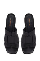 Women's Black Short Thick Heeled Leather Slippers | Derimod Women's Black Short Thick Heeled Leather Slippers | Derimod