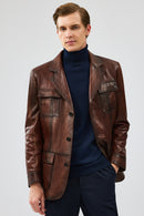 Kevin Men's Brown Blazer Leather Jacket | Derimod Kevin Men's Brown Blazer Leather Jacket | Derimod