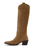 Woman Tan Chunky Heeled Suede Cowboy Boots | Derimod Woman Tan Chunky Heeled Suede Cowboy Boots | Derimod