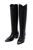 Women's Black Leather Heeled Cowboy Boots | Derimod Women's Black Leather Heeled Cowboy Boots | Derimod