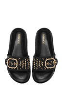 Women's Black Buckled Straw Leather Slippers | Derimod Women's Black Buckled Straw Leather Slippers | Derimod