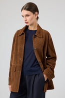 Petra Women's Brown Shirt Collar Oversize Suede Leather Jacket | Derimod Petra Women's Brown Shirt Collar Oversize Suede Leather Jacket | Derimod