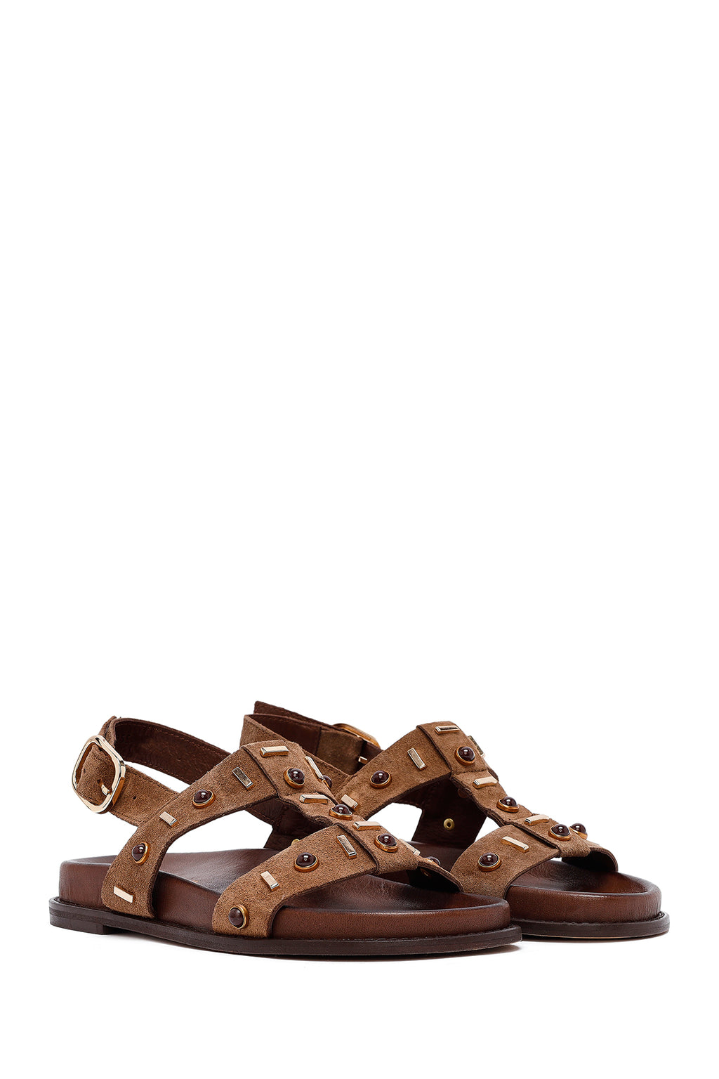 Kadın Vizon Taşlı Süet Deri Sandalet