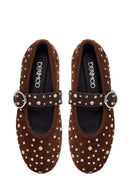 Woman Brown Strappy Studded Suede Leather Ballet Flat | Derimod Woman Brown Strappy Studded Suede Leather Ballet Flat | Derimod