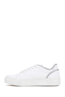 Women's White Lace-Up Stoned Leather Sneakers | Derimod Women's White Lace-Up Stoned Leather Sneakers | Derimod