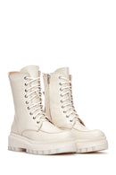 Women's Beige Zippered Leather Combat Boots | Derimod Women's Beige Zippered Leather Combat Boots | Derimod