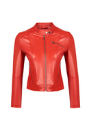 Kylie Woman Red Stand Collar Short Leather Jacket | Derimod Kylie Woman Red Stand Collar Short Leather Jacket | Derimod