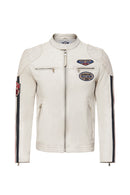 Storm Men's White Slim-Fit Leather Jacket with Emblem | Derimod Storm Men's White Slim-Fit Leather Jacket with Emblem | Derimod