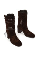 Woman Brown Thick-Heeled Patterned Suede Cowboy Boots | Derimod Woman Brown Thick-Heeled Patterned Suede Cowboy Boots | Derimod