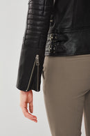 Giselle Kadın Siyah Slim-Fit Biker Deri Ceket | Derimod Giselle Kadın Siyah Slim-Fit Biker Deri Ceket | Derimod