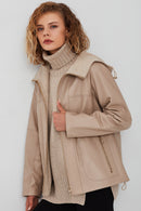 Roma Kadın Bej Kapüşonlu Çift Taraflı Oversize Deri Ceket | Derimod Roma Kadın Bej Kapüşonlu Çift Taraflı Oversize Deri Ceket | Derimod
