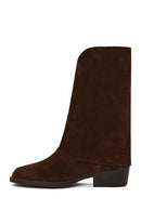 Woman Brown Buckled Short Thick-Heeled Suede Boots | Derimod Woman Brown Buckled Short Thick-Heeled Suede Boots | Derimod