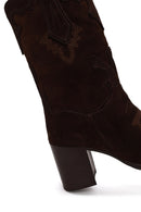 Woman Brown Thick-Heeled Patterned Suede Cowboy Boots | Derimod Woman Brown Thick-Heeled Patterned Suede Cowboy Boots | Derimod