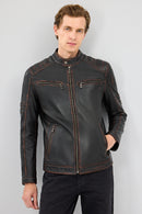 Leonard Men's Brown Vintage Slim-Fit Leather Jacket | Derimod Leonard Men's Brown Vintage Slim-Fit Leather Jacket | Derimod