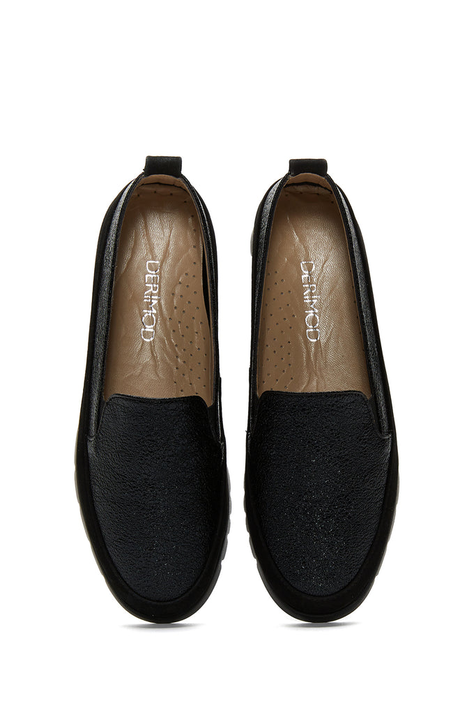 Kadın Siyah Simli Deri Comfort Loafer_5