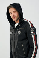 Formula Men's Black Embroidered Hooded Sports Leather Coat | Derimod Formula Men's Black Embroidered Hooded Sports Leather Coat | Derimod