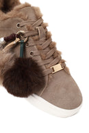 Woman Mink Lace-Up Charm Suede Teddy Leather Sneaker | Derimod Woman Mink Lace-Up Charm Suede Teddy Leather Sneaker | Derimod