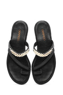 Women's Black Stoned Flip-Flop Leather Slippers | Derimod Women's Black Stoned Flip-Flop Leather Slippers | Derimod