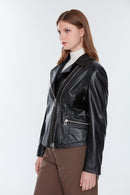 Stefania (Plus) Kadın Siyah Biker Deri Mont | Derimod Stefania (Plus) Kadın Siyah Biker Deri Mont | Derimod