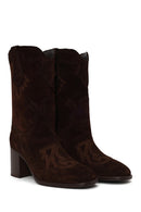 Woman Brown Thick-Heeled Patterned Suede Cowboy Boots | Derimod Woman Brown Thick-Heeled Patterned Suede Cowboy Boots | Derimod