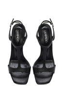 Women's Black Ankle Strap Patterned Leather Thin High Heel Sandals | Derimod Women's Black Ankle Strap Patterned Leather Thin High Heel Sandals | Derimod