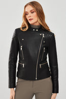 Giselle Kadın Siyah Slim-Fit Biker Deri Ceket | Derimod Giselle Kadın Siyah Slim-Fit Biker Deri Ceket | Derimod