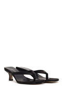Woman Black Short-Heeled Satin Toe-Post Slipper | Derimod Woman Black Short-Heeled Satin Toe-Post Slipper | Derimod