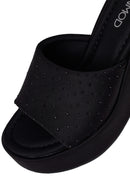 Woman Black Stone-Embellished Wedge-Heel Fabric Slipper | Derimod Woman Black Stone-Embellished Wedge-Heel Fabric Slipper | Derimod