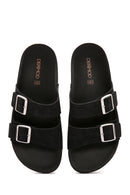 Men's Black Double Buckle Suede Leather Slippers | Derimod Men's Black Double Buckle Suede Leather Slippers | Derimod