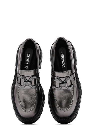 Kadın Gümüş Deri Tokalı Casual Loafer_6